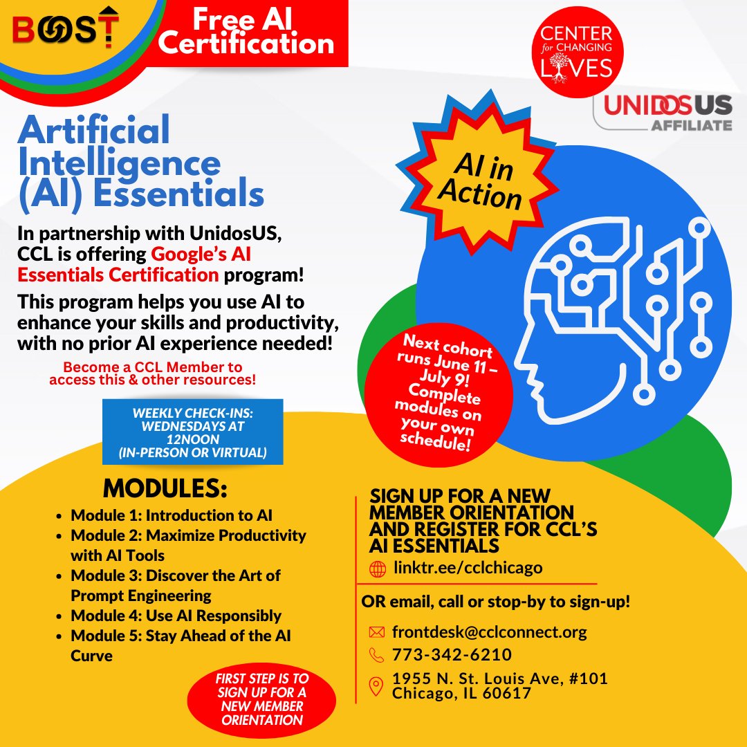 📣 Build your AI skills with CCL + <a href="/WeAreUnidosUS/">UnidosUS</a>!
Join our Google AI Essentials self-paced cohort, June 11–July 9, with weekly Wed check-ins at noon. Learn to use AI tools, prompt engineer, &amp; more.
🔗 Become a CCL member at linktr.ee/cclchicago! #DigitalEquity #AIforAll