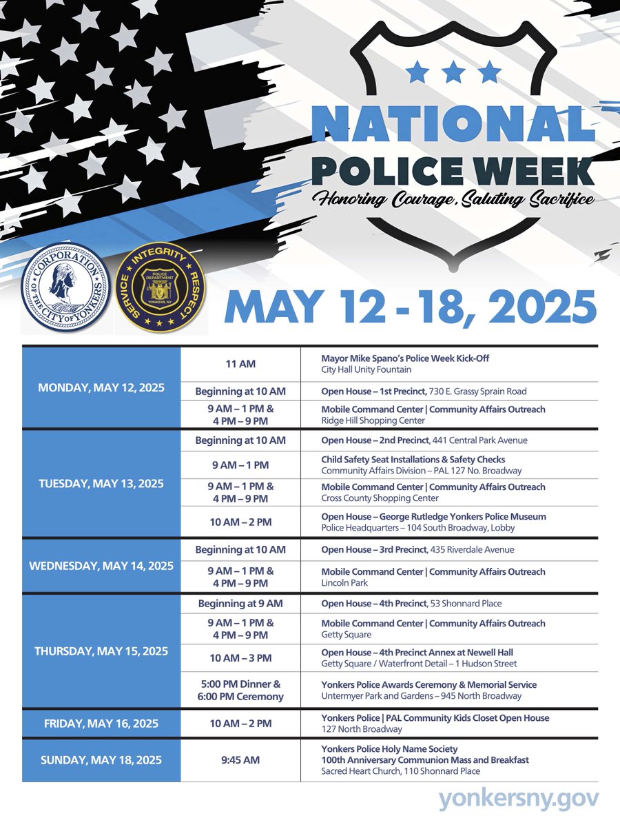 Mayor Mike Spano and Police Commissioner Chris Sapienza kicked off National Police Week this morning at the Unity Fountain outside City Hall!

All week long, Yonkers Police Precincts are opening their doors to the community—stop by to meet your local Officers, pick up free kids’