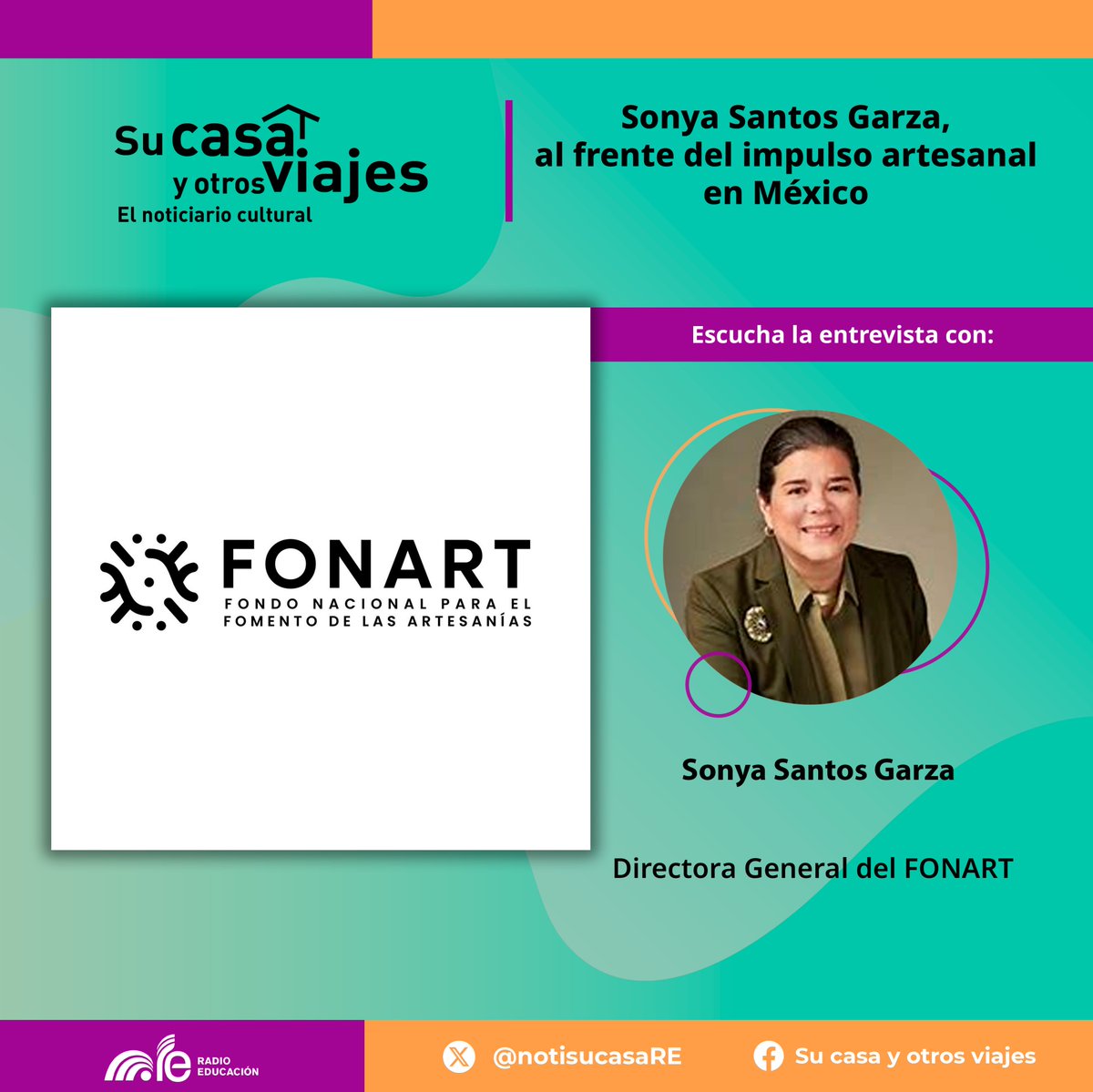 En #SuCasaYOtrosViajes conversamos con Sonya Santos Garza, nueva titular de <a href="/Fonart_mx/">FONART</a>, sobre los retos y planes que asumirá para fortalecer el trabajo artesanal y su valor cultural.

Escucha la entrevista completa aquí en #SuCasaYOtrosViajes ⬇

e-radio.edu.mx/Su-casa-y-otro…