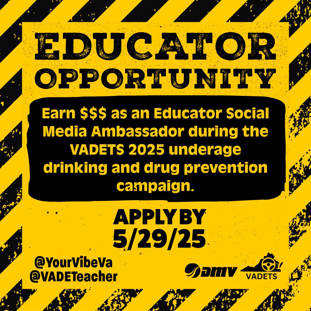 Educator Opportunity!!!
Earn $$$ as an Educator Ambassador during our VADETS 2025 underage drinking and drug prevention campaign.
Sign-up by 5/292/25!
Apply Here ➡️bit.ly/3GT7N0F
