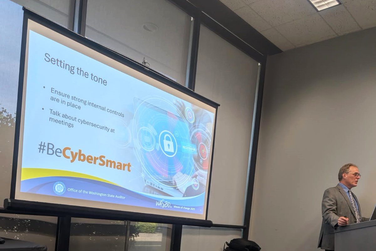 WaStateAuditor's tweet image. How is your school district&apos;s cybersecurity? SAO cybersecurity expert Daniel Mann asked that a lot last week as he spoke to attendees at #WASBO2025 about our Office&apos;s free, award-winning cyber checkup program that can help provide the answer. Learn more: sao.wa.gov/improving-gove…