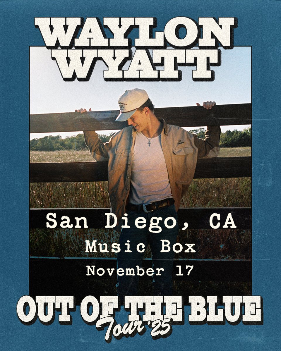 MusicBoxSD (@musicboxsd) on Twitter photo π¨ JUST ANNOUNCED π¨ Waylon Wyatt is bringing his electrifying blend of alt-country and soul-stirring Americana to Music Box on Monday, Nov 17 for his Out of the Blue Tour! ππ₯
π₯ Venue presale β Thursday at 10am
ποΈ Public on sale β Friday at 10am
π lnk.musicboxsd.com/WaylonWyatt π¨ JUST ANNOUNCED π¨ Waylon Wyatt is bringing his electrifying blend of alt-country and soul-stirring Americana to Music Box on Monday, Nov 17 for his Out of the Blue Tour! ππ₯
π₯ Venue presale β Thursday at 10am
ποΈ Public on sale β Friday at 10am
π lnk.musicboxsd.com/WaylonWyatt