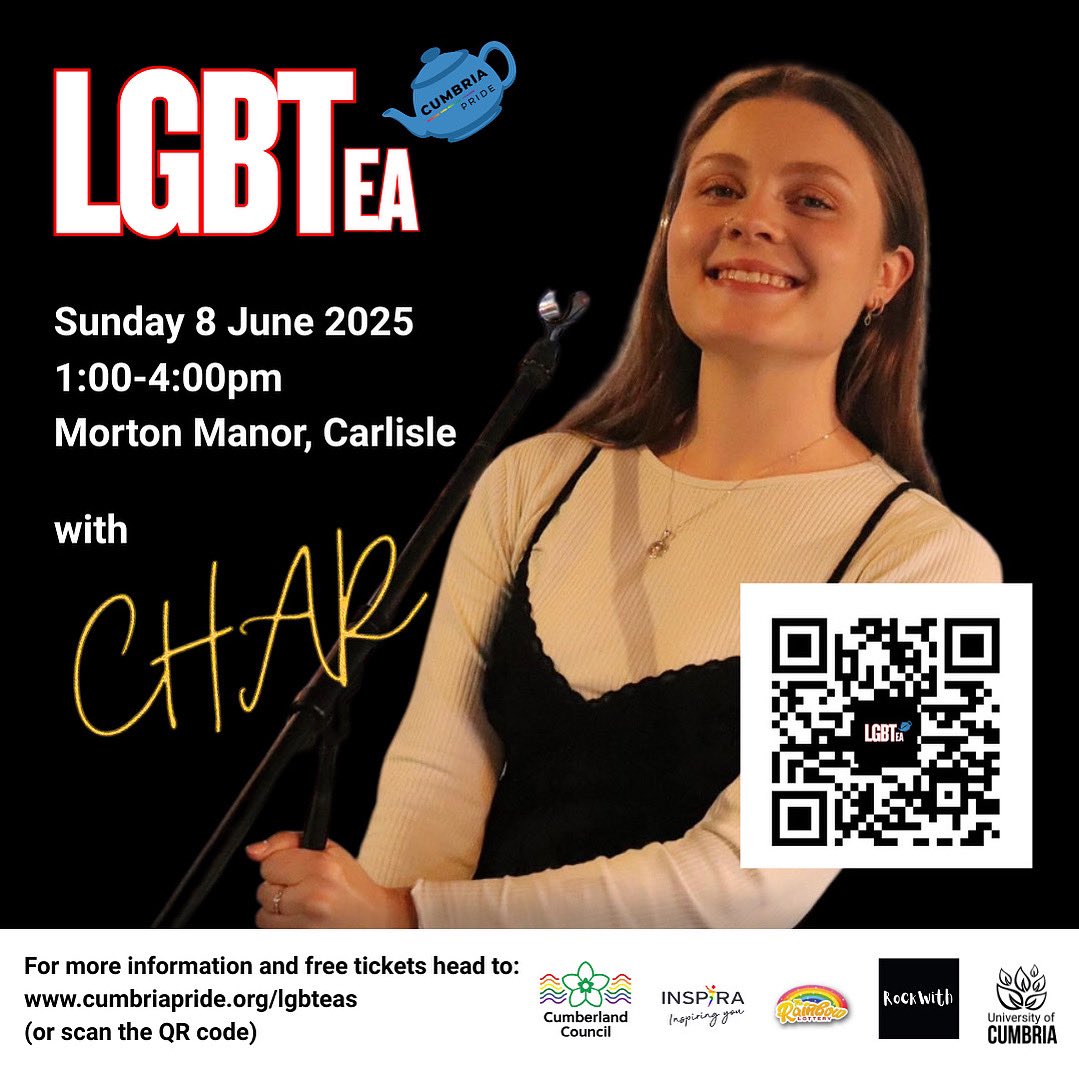 We're thrilled to invite you to our LGBTea with entertainment from the fabulous Char!

📅 Sunday 8 June 2025
🕐 1:00 pm – 4:00 pm
📍 Morton Manor, Carlisle

FREE entry (donations welcome), open to LGBT+ and allies

Grab your tickets now 🏳️‍🌈🏳️‍⚧️

cumbriapride.org/lgbteas
