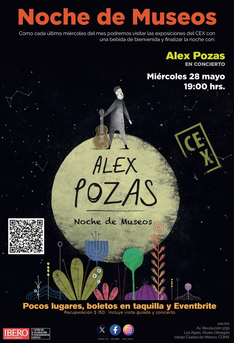 🎨🌙 Este 28 de mayo, <a href="/cex_mx/">cex_mx</a> se llena de música, arte y emoción con una nueva edición de #NocheDeMuseos.

Prepárate para una velada íntima donde las exposiciones se combinan con la fuerza lírica de #AlexPozas y la energía alternativa de la banda Vacía.
Un encuentro de miradas,