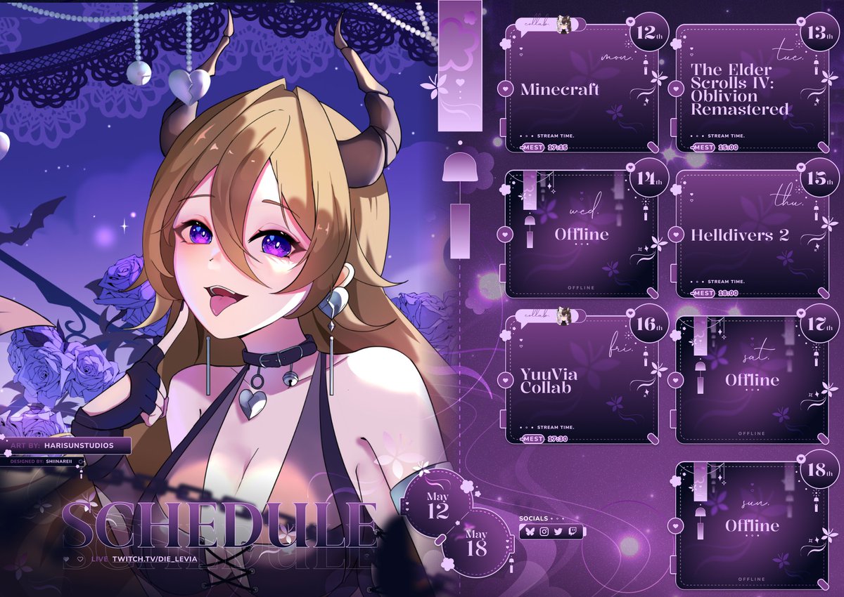 Mal wieder einen Streamplan yaay~ 

Wenn ihr auch weiterhin Succubus Fakten wollt, schaut bei mir im Blauen Himmel vorbei ~ @dielevia.bsky.social 💜

🎨 - <a href="/HarisunStudios/">Harisun Studios (OPEN COMMISSION)</a> 💜 Rinaa Style~ 💜