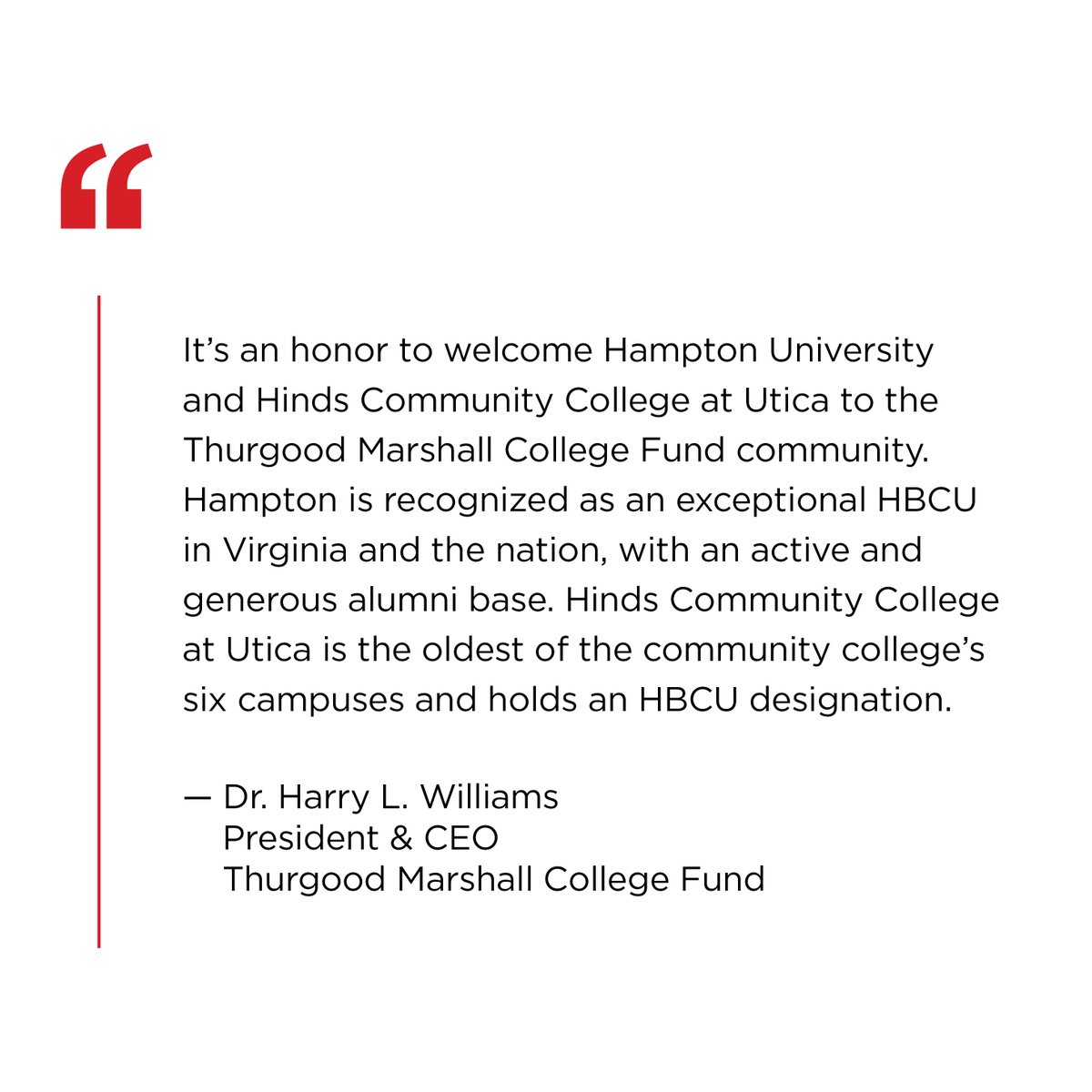 TMCF (@tmcf_hbcu) on Twitter photo The Thurgood Marshall College Fund has added <a href="/_HamptonU/">Hampton University</a> in Virginia and <a href="/HindsCC/">Hinds Community College</a> at Utica in Mississippi to its member school, now totaling 57 institutions consisting of HBCUs, PBIs and HBCCs.
Read more at tmcf.org/events-media/t… #TMCFImpact The Thurgood Marshall College Fund has added <a href="/_HamptonU/">Hampton University</a> in Virginia and <a href="/HindsCC/">Hinds Community College</a> at Utica in Mississippi to its member school, now totaling 57 institutions consisting of HBCUs, PBIs and HBCCs.
Read more at tmcf.org/events-media/t… #TMCFImpact