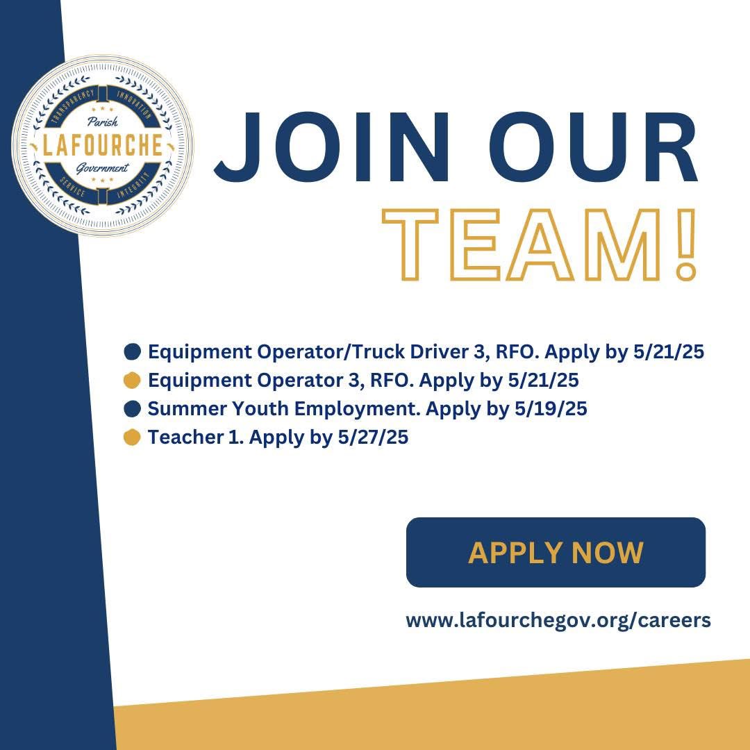 #LafourcheParishGovernment is #HiringNow come and join our team!
Apply today at lafourchegov.org/careers.