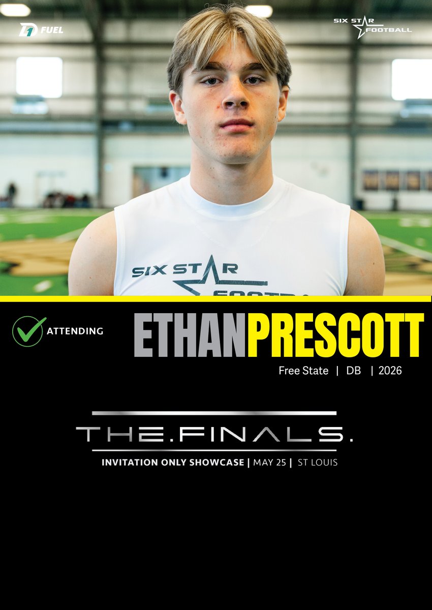 Six Star Football | KANSAS (@6starfootballks) on Twitter photo TheFINALS | Ethan Prescott
6’2, 200 | DB | 2026 | Free State (KS) | <a href="/EthanPres7/">Ethan Prescott</a>
⭐Rising prospect Ethan Prescott will be attending TheFINALS!
⭐Earned an invite with a standout performance at the Midwest Showcase in December!
📆May 25 📍St Louis TheFINALS | Ethan Prescott
6’2, 200 | DB | 2026 | Free State (KS) | <a href="/EthanPres7/">Ethan Prescott</a>
⭐Rising prospect Ethan Prescott will be attending TheFINALS!
⭐Earned an invite with a standout performance at the Midwest Showcase in December!
📆May 25 📍St Louis