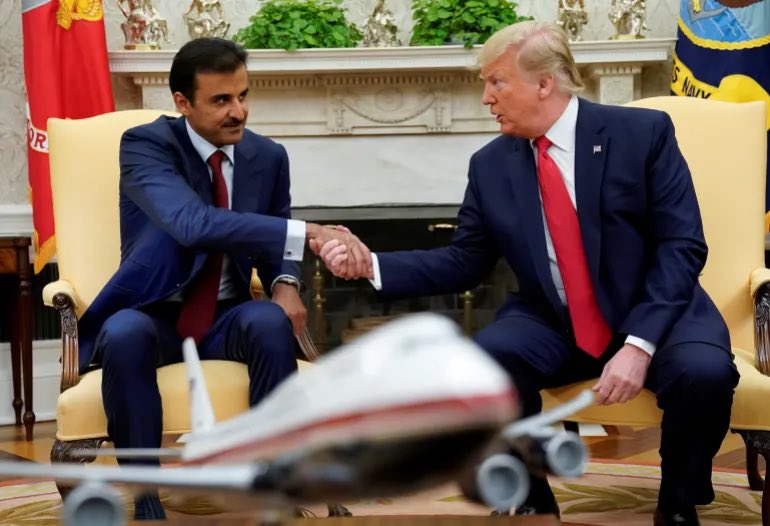 Qatar/Trump:

$5.5B golf course 
$440M Jet 

Meanwhile… Qatar is one of the largest financial backers of Hamas. 

Trump Is In Bed With Terrorists. 

Nice Work,America.