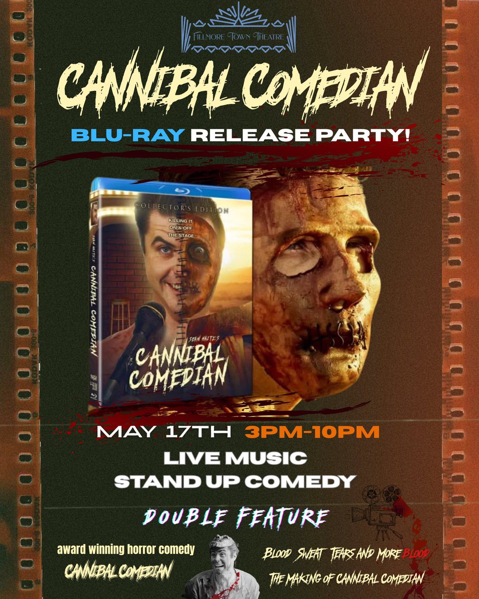 PinkPlaid's tweet photo. This Sat, we are celebrating Cannibal Comedian w/ the #Bluray Release Party, a double dose of horror &amp; hilarity showing the film + the Theatrical Premiere of our doc “Blood, Sweat, Tears… and More Blood.” Cast &amp; crew signing, stand-up comedy &amp; music, it’ll be a killer show! 🔪🍿 https://t.co/t5ReBSPkfP