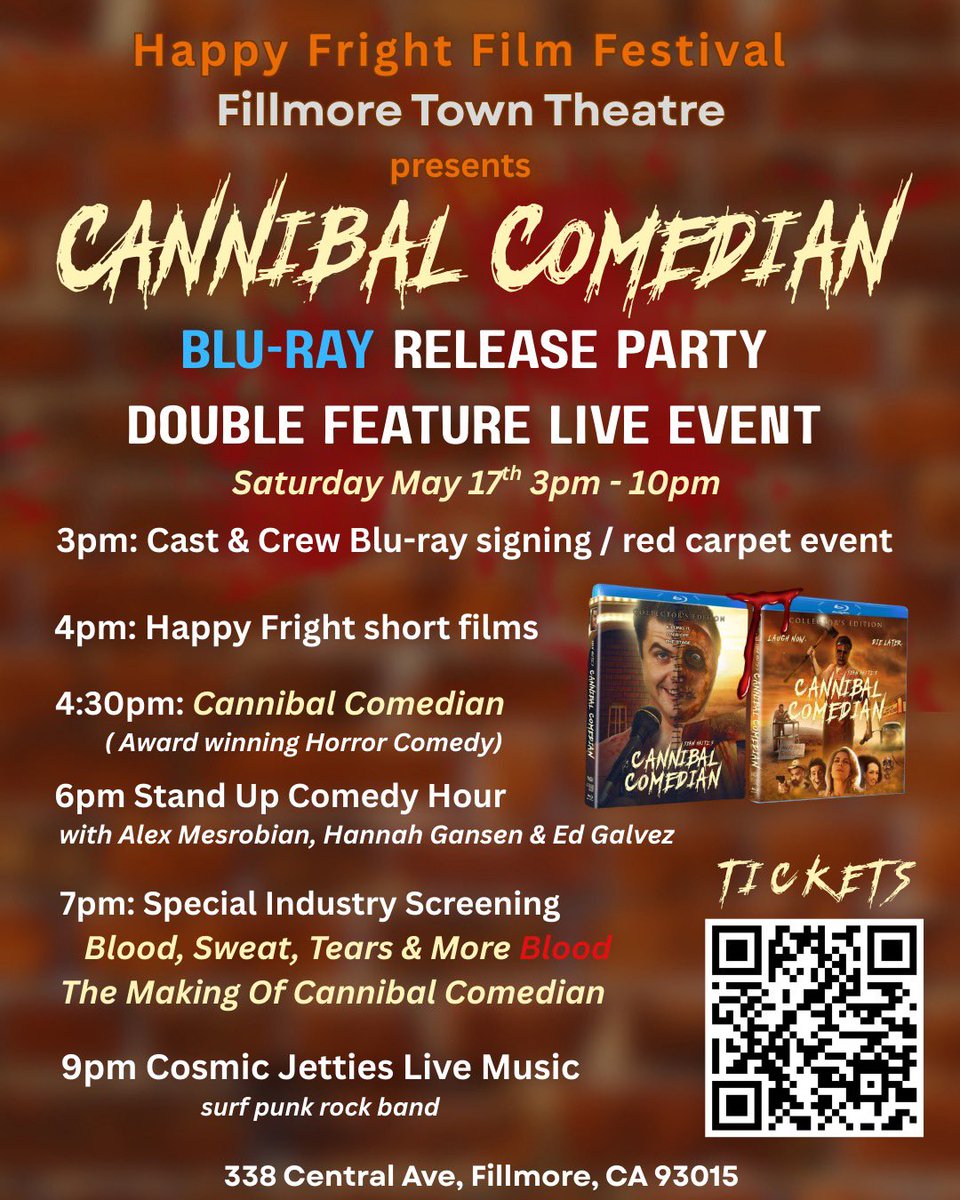 This Sat, we are celebrating Cannibal Comedian w/ the #Bluray Release Party, a double dose of horror &amp; hilarity showing the film + the Theatrical Premiere of our doc “Blood, Sweat, Tears… and More Blood.” Cast &amp; crew signing, stand-up comedy &amp; music, it’ll be a killer show! 🔪🍿