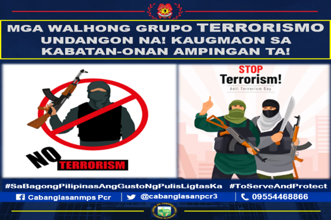cabanglasanmps3's tweet photo. Sa mga walhong grupo/ terrorismo, Undangon na! Kaugmaon sa Kabatan-onan Ampingan ta
#SaBagongPilipinasAngGustongPulisLigtasKa 
#ToServeandProtect https://t.co/5ZvKuFgMvS