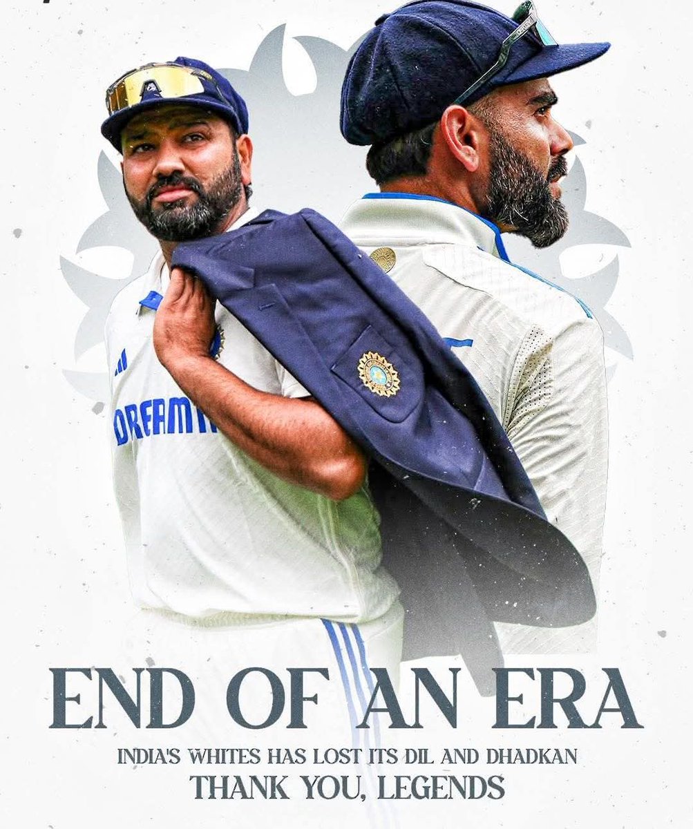 hithesh__kumar's tweet photo. As the inspirational leaders of Indian test team retiring at this moment, their contributions for the great game is nothing short of incredible. The game surely miss these gentlemen. Go well champions @ImRo45 @imVkohli @BCCI https://t.co/5SkKK3q2i7