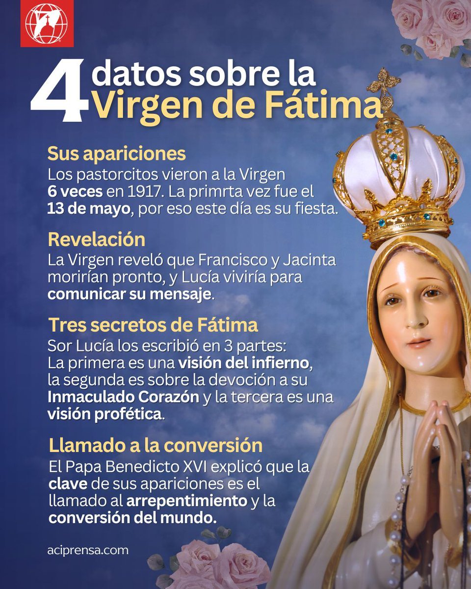 Al final, su Inmaculado Corazón triunfará. ❤️

Hace 108 años, la Virgen de Fátima se apareció a los tres pastorcitos Lucía, Francisco y Jacinta en Portugal, para comunicar un poderoso mensaje sobre la salvación del mundo. Aquí te compartimos algunos datos sobre las apariciones de