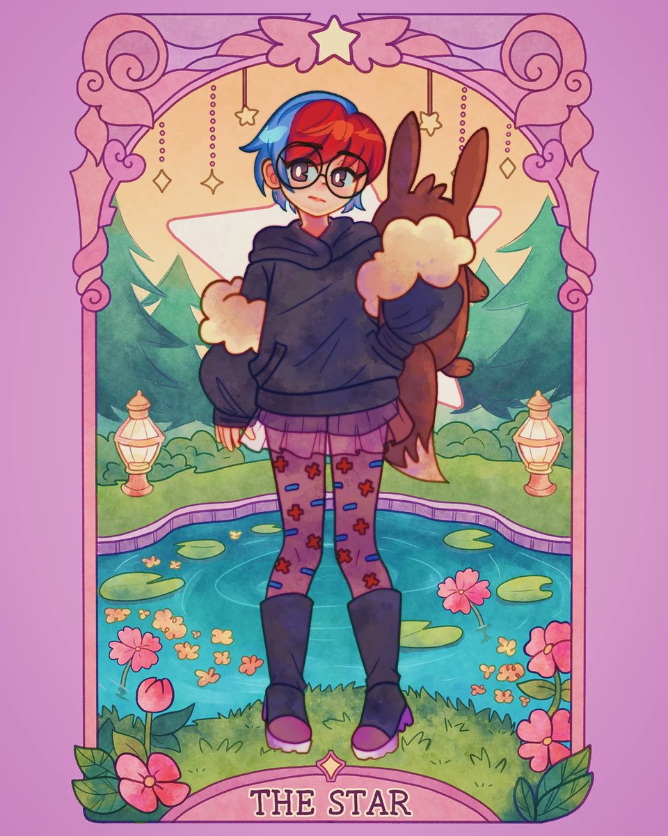 I'm proud of the bg since it's not usual for me to draw them 🎀☺️ commission Penny from Pokémon as a tarot card

#pokemon #pokemonscarletandviolet