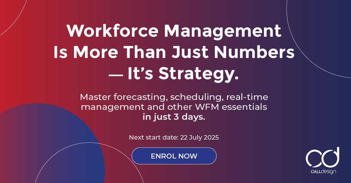au_call's tweet image. Master forecasting, scheduling, and real-time management with Call Design’s Workforce Management Essentials Training Course. A 3-day course led by industry experts.

Sign up: ow.ly/xawY50VzJy3

#WorkforceManagement #WFM #CallDesign