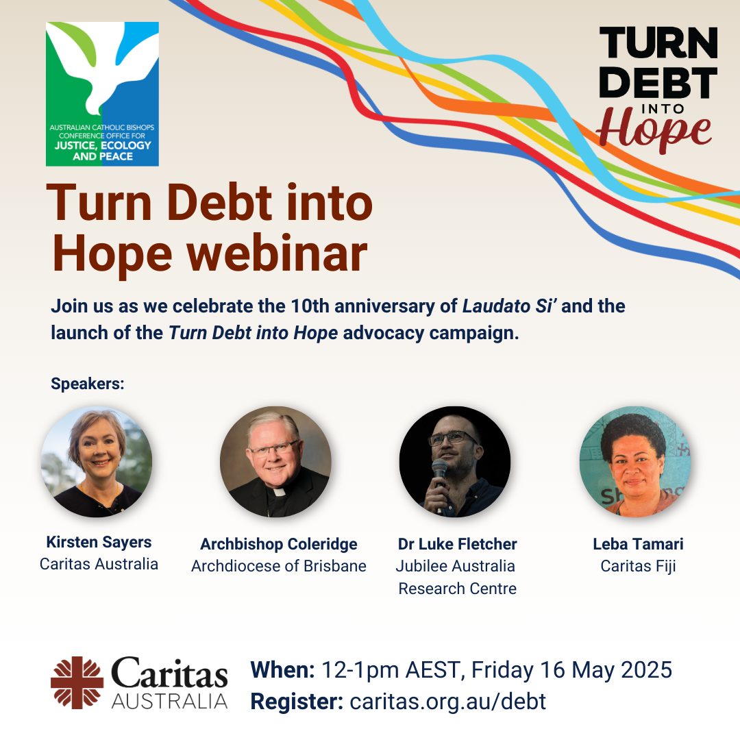 CaritasAust's tweet image. Over 3.3bn people live in countries where govts spend more money paying off unfair debt than on schools, hospitals, or clean water.
This Jubilee Year, we're calling on world leaders to address the growing debt crisis.
Register for our webinar here: caritas.org.au/debt