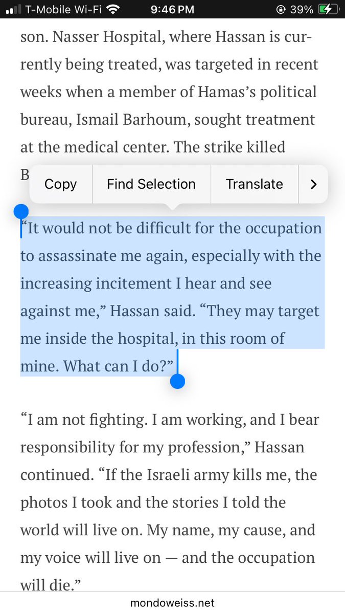 Abubaker Abed (@abubakerabedw) on Twitter photo "If the Israeli army kills me, the photos I took and the stories I told will live on. My name, my cause, and my voice will live on— and the occupation will die," <a href="/hassaneslayeh/">حسن اصليح | Hassan</a> telling <a href="/Mondoweiss/">Mondoweiss</a> from his hospital bed a short while ago.
Yes, Hassan. It's inevitable. We'll do it "If the Israeli army kills me, the photos I took and the stories I told will live on. My name, my cause, and my voice will live on— and the occupation will die," <a href="/hassaneslayeh/">حسن اصليح | Hassan</a> telling <a href="/Mondoweiss/">Mondoweiss</a> from his hospital bed a short while ago.
Yes, Hassan. It's inevitable. We'll do it