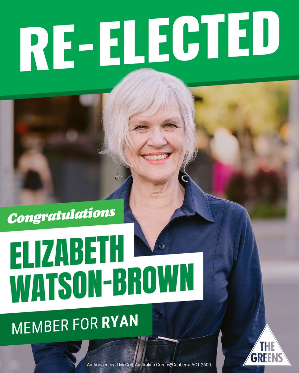 Huge congratulations to Elizabeth Watson-Brown, returned as the Member for Ryan &amp; ready to continue the fight for climate action, dental into Medicare, affordable housing &amp; more 💚😊