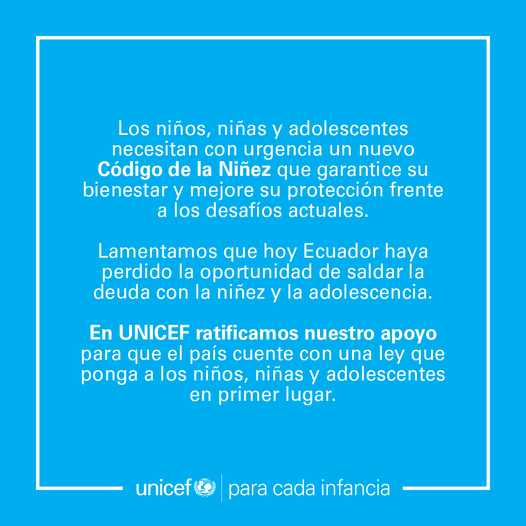 wambraEc's tweet photo. #COPINNA
Solo 45 votos a favor obtuvo el Código Orgánico de Protección Integral para niñas, niños y adolescentes en la @AsambleaEcuador y no fue aprobado.
Este código fue trabajado durante años por organizaciones relacionadas con la niñez, que criticaron la no aprobación del texto, como la @unicefecuador