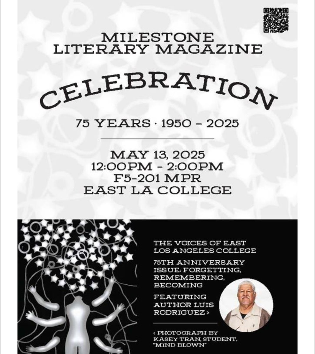 EastLACollege's tweet image. Author of contemporary Chicano literature Luis Rodriguez will be featured as #ELAC's Milestone Literary Magazine celebrates 75 Years • 1950 – 2025 • noon-2 p.m. Tuesday in the Multipurpose Room in the Student Center (F5 Bldg.) #CalCommColleges #laschools