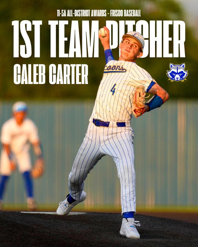 Raccoon Baseball (@raccoonbaseball) on Twitter photo First Team All-District Pitcher
One last ride his senior year, and he made it count. Caleb dealt at the mound and behind the plate, all season long!👊🏼
<a href="/hankcasey26/">Coach Casey</a> <a href="/FHSRaccoons/">Frisco High School</a> @FriscoISDSports
#parkwoodboys #allin_raccoons #friscoraccoons #friscobaseball #alldistrict First Team All-District Pitcher
One last ride his senior year, and he made it count. Caleb dealt at the mound and behind the plate, all season long!👊🏼
<a href="/hankcasey26/">Coach Casey</a> <a href="/FHSRaccoons/">Frisco High School</a> @FriscoISDSports
#parkwoodboys #allin_raccoons #friscoraccoons #friscobaseball #alldistrict