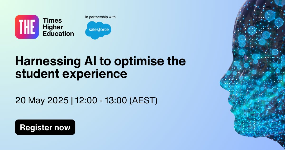 THE Events (@theeventsglobal) on Twitter photo ⏳ONE WEEK TO GO⏳
Don't miss the chance to register for our webinar, in partnership with <a href="/salesforce/">Salesforce</a>.
Join our expert panel on 20 May to discuss "Harnessing AI to optimise the student experience."
🔗Find out more and register for FREE now: timeshighereducation.zoom.us/webinar/regist… ⏳ONE WEEK TO GO⏳
Don't miss the chance to register for our webinar, in partnership with <a href="/salesforce/">Salesforce</a>.
Join our expert panel on 20 May to discuss "Harnessing AI to optimise the student experience."
🔗Find out more and register for FREE now: timeshighereducation.zoom.us/webinar/regist…