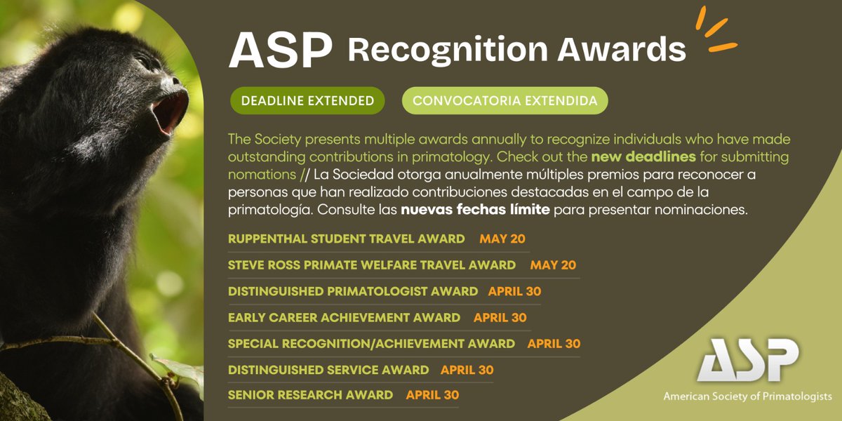 Juan Carlos Serio-Silva (@serioju1) on Twitter photo Aún quedan ocho días para aplicar a los travel awards que ofrece la <a href="/ASPvoice/">AmSoc Primatologists</a> para participar en el congreso de Chicago 2025! No dejen de aplicar ! Aún quedan ocho días para aplicar a los travel awards que ofrece la <a href="/ASPvoice/">AmSoc Primatologists</a> para participar en el congreso de Chicago 2025! No dejen de aplicar !