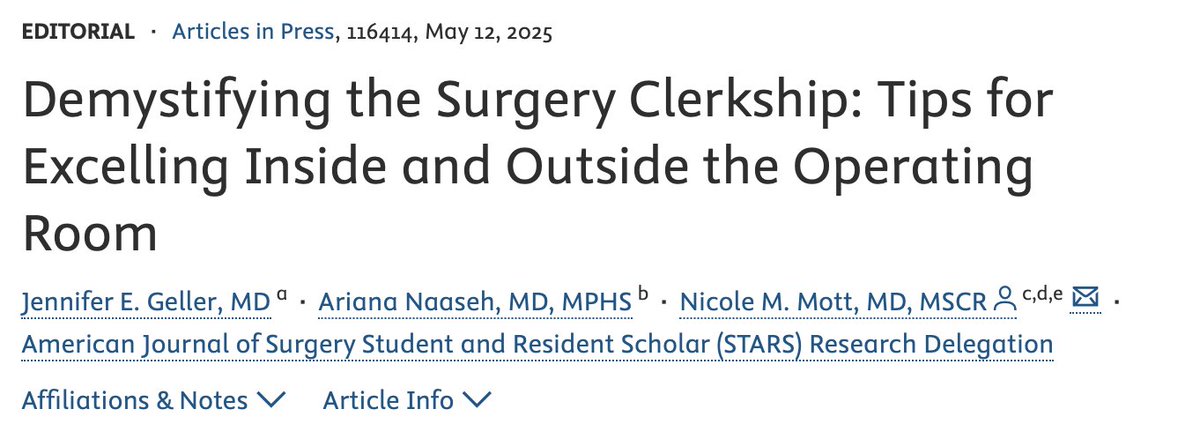 AJS Student and Resident Scholar (STARS) Committee (@ajs_stars) on Twitter photo A huge congratulations to🌟STARS🌟members <a href="/Jengeller1/">Jen Geller, MD</a>, <a href="/ariananaaseh/">Ariana Naaseh, MD, MPHS</a>, and <a href="/nmmott/">Nicole Mott</a> on their publication now in press!
If you are starting your M3 year, this is a must-read before you start your surgery clerkship!
<a href="/JEFFsurgery/">Jefferson Surgery</a> <a href="/washusurgres/">General Surgery Residency at WashU Medicine</a> <a href="/CUDeptSurg/">CU Department of Surgery</a>
americanjournalofsurgery.com/article/S0002-… A huge congratulations to🌟STARS🌟members <a href="/Jengeller1/">Jen Geller, MD</a>, <a href="/ariananaaseh/">Ariana Naaseh, MD, MPHS</a>, and <a href="/nmmott/">Nicole Mott</a> on their publication now in press!
If you are starting your M3 year, this is a must-read before you start your surgery clerkship!
<a href="/JEFFsurgery/">Jefferson Surgery</a> <a href="/washusurgres/">General Surgery Residency at WashU Medicine</a> <a href="/CUDeptSurg/">CU Department of Surgery</a>
americanjournalofsurgery.com/article/S0002-…