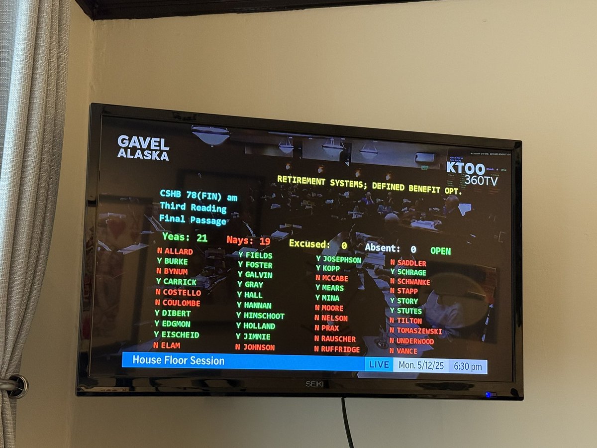HB 78, the defined benefit pension bill, just passed the House 21-19. #akleg