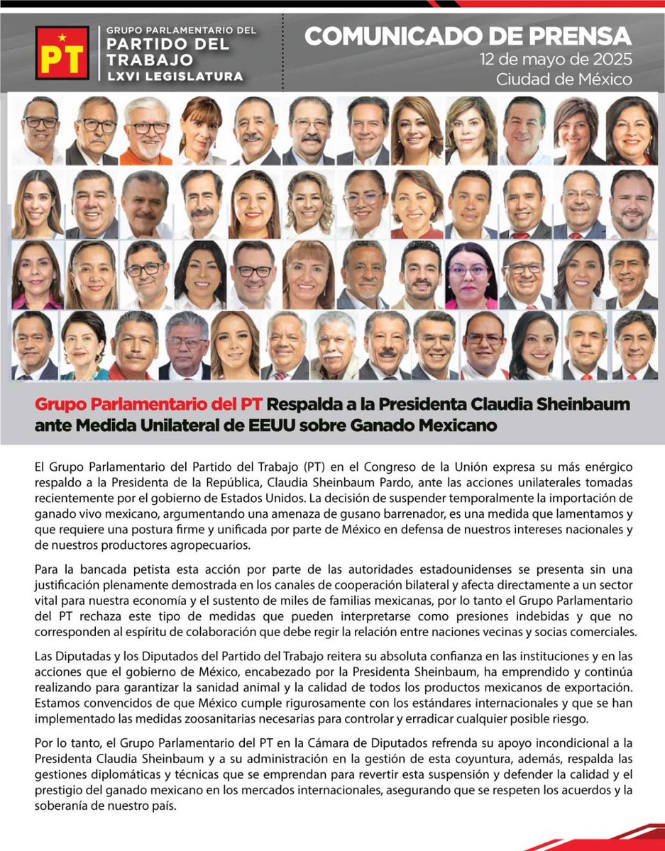 #Soberanía l Las diputadas y diputados del #PT decidimos formar un frente de apoyo incondicional a nuestra presidenta Claudia Sheinbaum Pardo en su postura de defender con firmeza a la ganadería mexicana de las medidas unilaterales e intimidatorias del gobierno de los EU.
