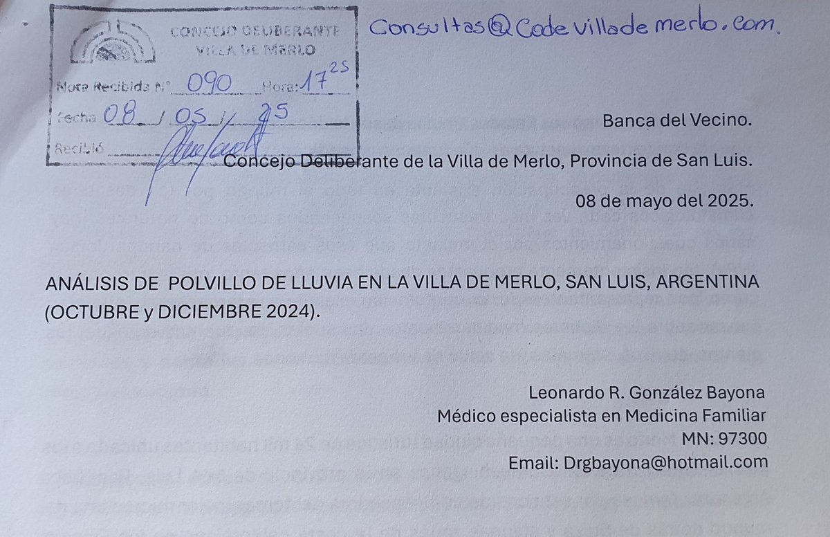 ANÁLISIS DE POLVILLO DE LLUVIA EN LA VILLA DE MERLO, SAN LUIS, ARGENTINA (OCTUBRE y DICIEMBRE 2024).
Hallazgo de altas concentraciones de Aluminio, Cinc, Bario y 7 minerales más.

Disponible en PDF en mi canal de Telegram 
LEONARDOGONZALEZBAYONA
