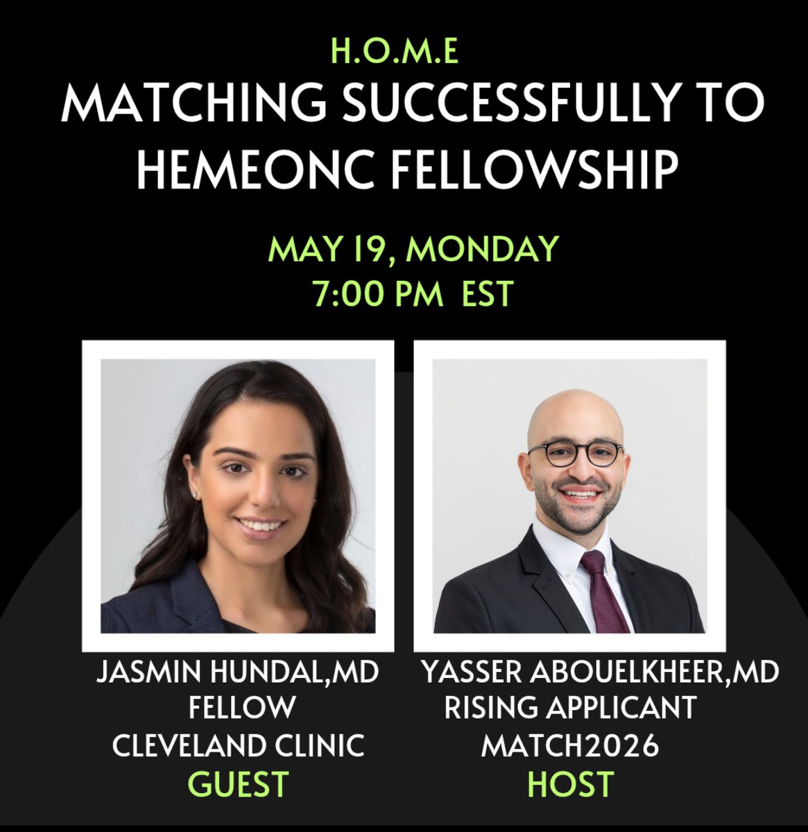 Yasser Abouelkheer, MD, MSc (@yassermdx) on Twitter photo Join us Monday, May 19 at 7 PM EST for a live Q&A with <a href="/HundalJasmin/">Jasmin Hundal, M.D., DipABLM, M.S., M.P.H.</a>, current fellow at Cleveland Clinic!
We’ll cover ERAS strategy, personal statements, early app tips & more for the upcoming #HemeOnc cycle.
Hosted by <a href="/hemeoncfellow/">H.O.M.E</a> (H.O.M.E)
📩 DM me for the Zoom link! Join us Monday, May 19 at 7 PM EST for a live Q&A with <a href="/HundalJasmin/">Jasmin Hundal, M.D., DipABLM, M.S., M.P.H.</a>, current fellow at Cleveland Clinic!
We’ll cover ERAS strategy, personal statements, early app tips & more for the upcoming #HemeOnc cycle.
Hosted by <a href="/hemeoncfellow/">H.O.M.E</a> (H.O.M.E)
📩 DM me for the Zoom link!