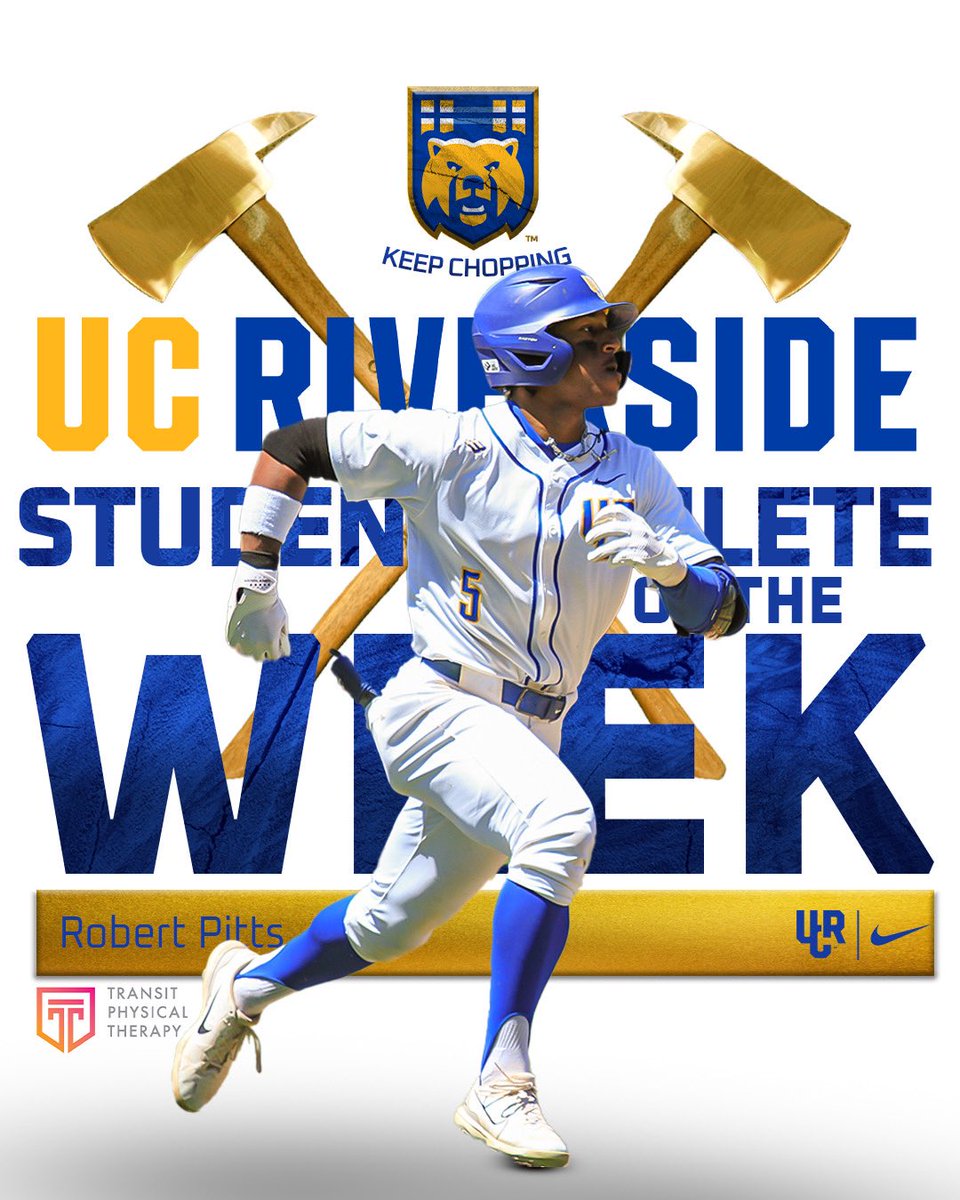 Highlander Athletics (@ucr_athletics) on Twitter photo This Week's UCR Athletics Student-Athlete of the Week presented by Transit Physical Therapy is Robert Pitts!
Pitts closed out the home season in style, hitting .400 with a .571 OB%, .500 SLG, two stolen bases, and five total bases against Long Beach State. 
#GoHighlanders This Week's UCR Athletics Student-Athlete of the Week presented by Transit Physical Therapy is Robert Pitts!
Pitts closed out the home season in style, hitting .400 with a .571 OB%, .500 SLG, two stolen bases, and five total bases against Long Beach State. 
#GoHighlanders