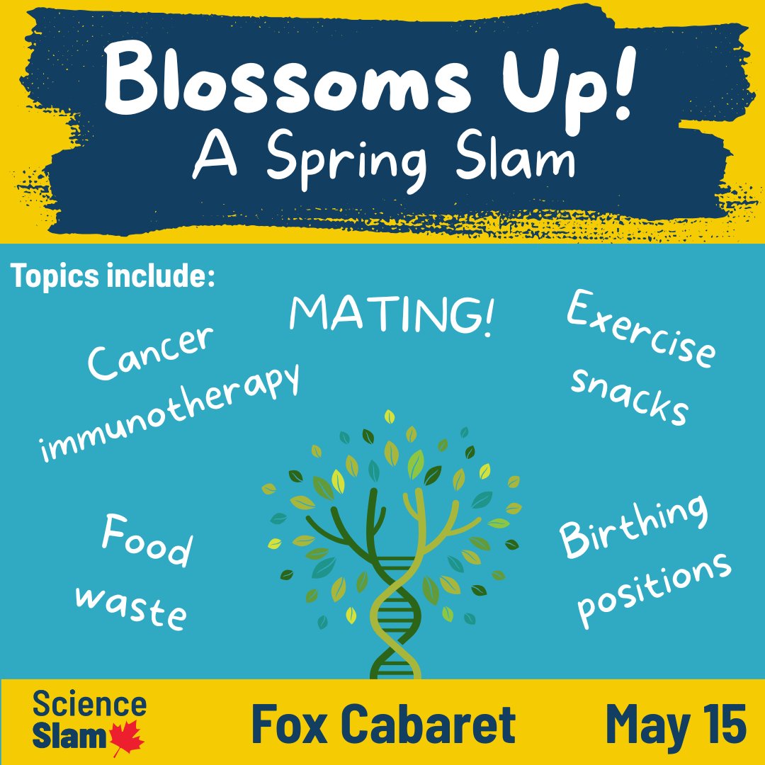 🎉 HAPPENING May 15! 🎉 

Come out to our Blossoms Up! spring slam and learn about MATING!, exercise snacks, cancer immunotherapy, birthing positions, and food waste!

3common.com/event/blossoms… 

Tickets only $18!  

#scicomm #YVRevents #Vancouverevents