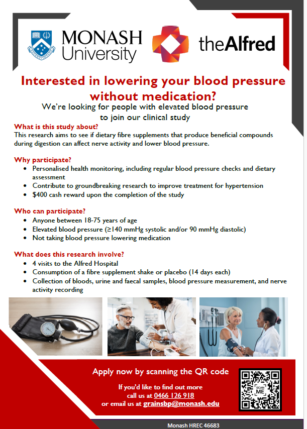 Rikeish R. Muralitharan MD, PhD (@rikeishm) on Twitter photo 🚨Do you have high blood pressure (BP) but not on meds?
Join our clinical study exploring how fibre supplements may lower BP naturally.
✅ Free health checks
$ Compensation for your time
📍 <a href="/AlfredHealth/">The Alfred</a> VIC
🔬 Ages 18–75
📲 Apply now: grainsbp@monash.edu
#ClinicalTrials #BP 🚨Do you have high blood pressure (BP) but not on meds?
Join our clinical study exploring how fibre supplements may lower BP naturally.
✅ Free health checks
$ Compensation for your time
📍 <a href="/AlfredHealth/">The Alfred</a> VIC
🔬 Ages 18–75
📲 Apply now: grainsbp@monash.edu
#ClinicalTrials #BP