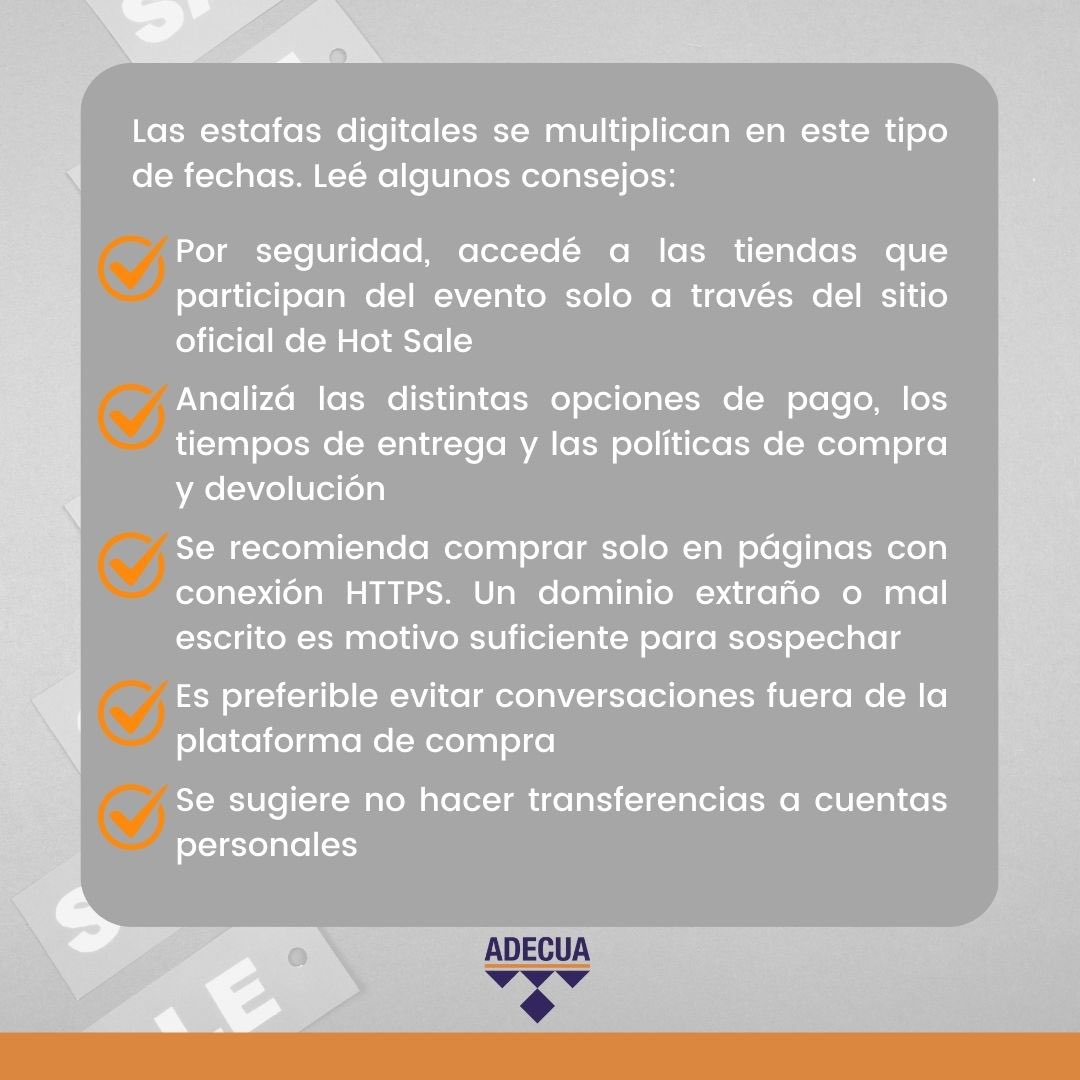 Llegó una nueva edición del #HotSale con distintas posibilidades de financiación y descuentos 🛍️

Deslizá para conocer cómo realizar compras seguras y, ante cualquier irregularidad, hacé tu reclamo en Defensa del Consumidor ⚖️