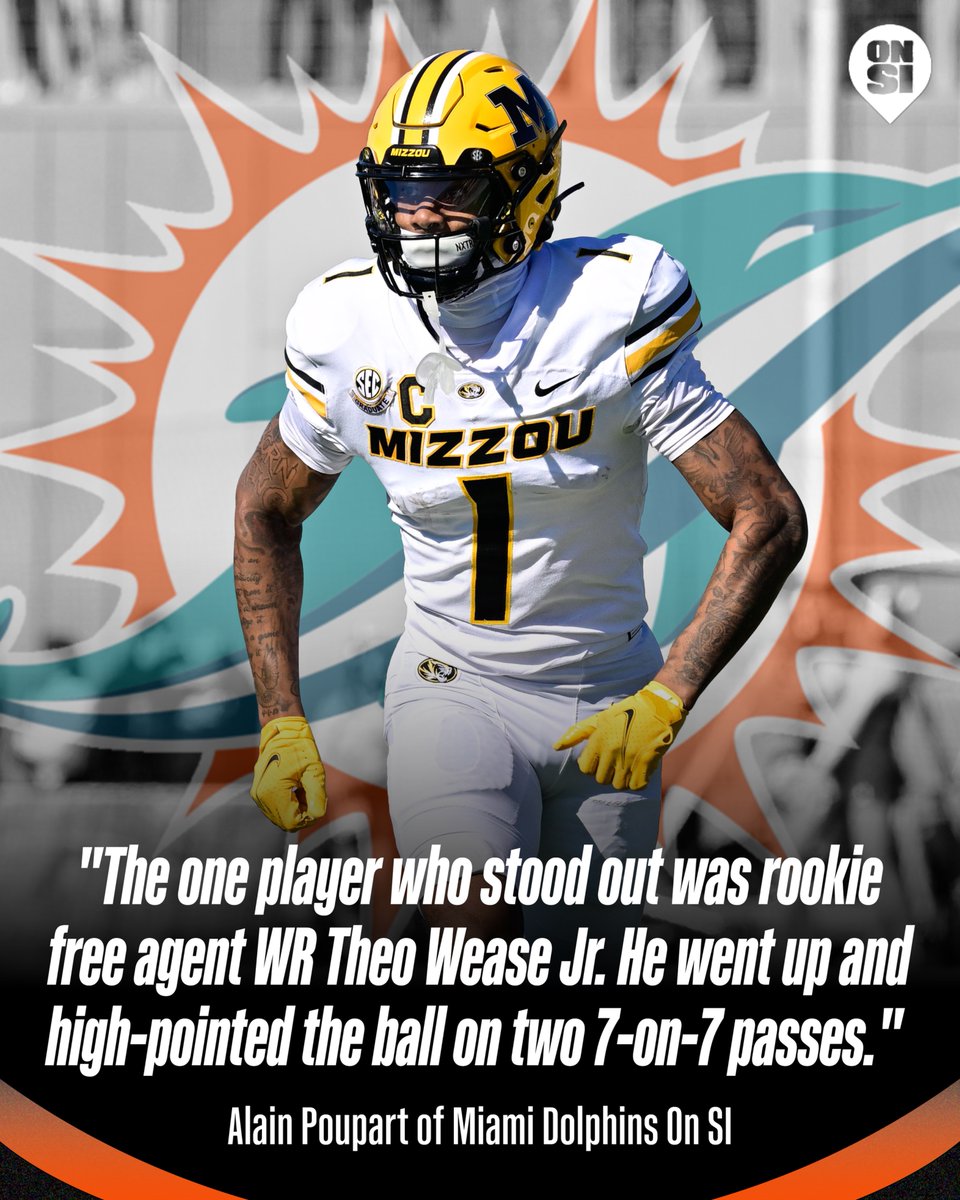#Mizzou Product Theo Wease Jr. Listed as 'Standout' at Dolphins Rookie Camp:

The Tigers' leading receiver for the 2024 season made some impressions during his first few practices with the Miami Dolphins during the team's rookie minicamp over the weekend.

si.com/college/missou…