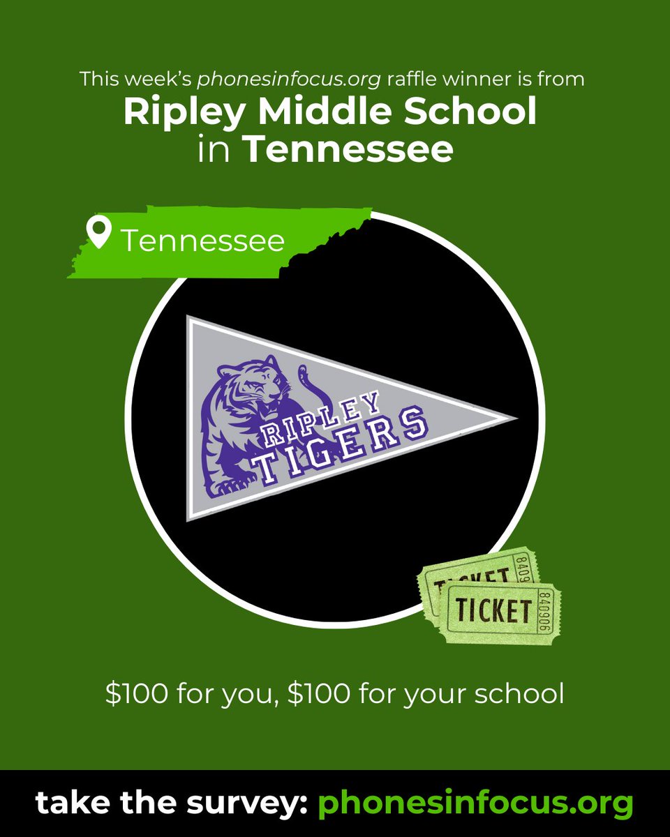 Angela Duckworth (@angeladuckw) on Twitter photo 🎉 Congrats to this week’s raffle winner from <a href="/ripley_middle/">Ripley Middle School</a> in Tennessee!
🏫📚 TEACHERS: take the phonesinfocus.org survey to help shape policy and see how your school compares PLUS be eligible for our next drawing!
#PhonesInFocus #EdResearch #TeacherVoices #TagATeacher 🎉 Congrats to this week’s raffle winner from <a href="/ripley_middle/">Ripley Middle School</a> in Tennessee!
🏫📚 TEACHERS: take the phonesinfocus.org survey to help shape policy and see how your school compares PLUS be eligible for our next drawing!
#PhonesInFocus #EdResearch #TeacherVoices #TagATeacher