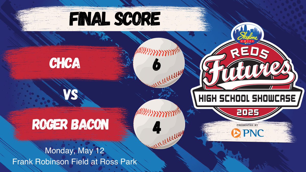 Final score in the <a href="/Skyline_Chili/">Skyline Chili</a> <a href="/Reds/">Cincinnati Reds</a> Futures High School Showcase presented by <a href="/PNCBank/">PNC Bank</a> extended game between <a href="/CHCA_bb/">CHCA Baseball</a> and <a href="/RBHS_Baseball/">Roger Bacon Baseball</a>.