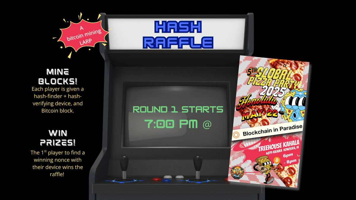 Join us and Blockchain In Paradise for:

Bitcoin Pizza Day 2025!
Thurs. 05/22, 6pm, Treehouse Coworking (Kahala)
meetup.com/honolulu-crypt…

We're bringing another Hash Raffle. Great if you want to learn about bitcoin mining; and/or to win cool prizes. 🍕✨
meetup.com/honolulu-bitco…