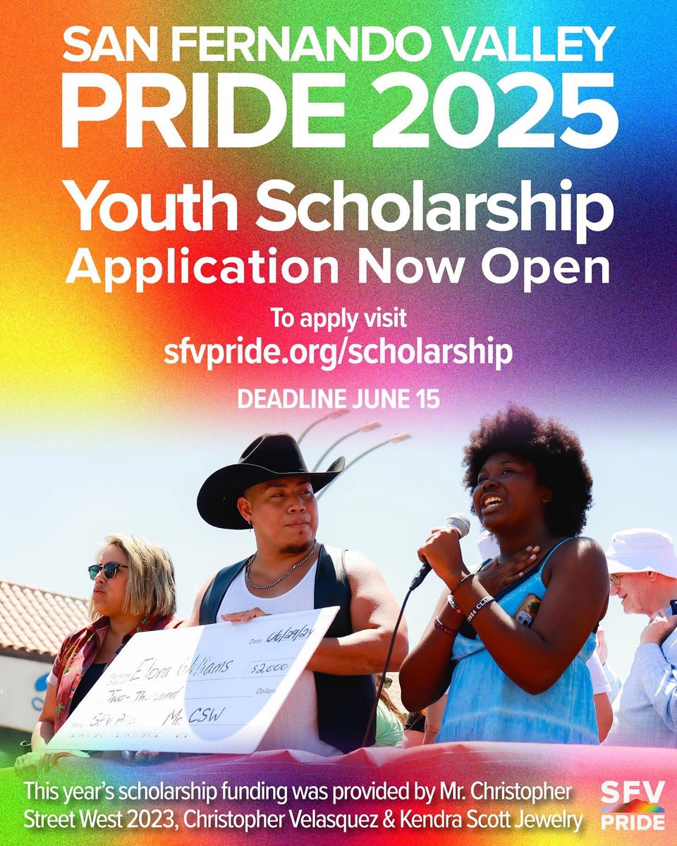 ✨🌈 Our 4th annual San Fernando Valley Pride 2025 High School senior scholarship is Back! Applications are now open and will close on June 15th so don’t wait! Go to the link in our bio for more information! ✊🏽✊🏿🏳️‍⚧️🏳️‍🌈. 

#Leadership #Resilience #LGBTQIA #YouthScholarship