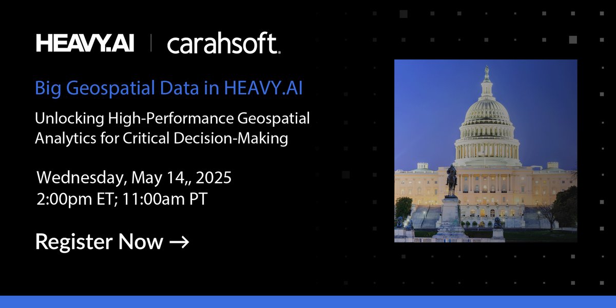 .@HEAVY_AI's webinar this week will provide an in-depth exploration of its latest advancements in geospatial data analytics, including enhanced vector processing, new raster capabilities and H3 spatial indexing… Register here for Wednesday's event: carah.io/HEAVYWebinar