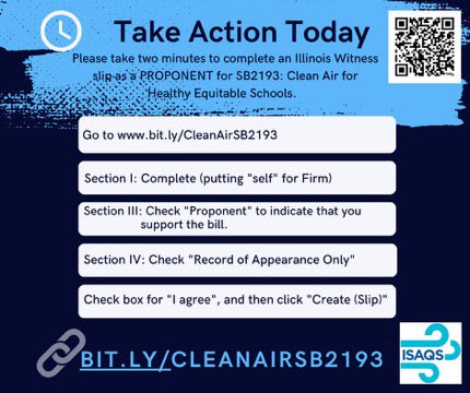 IllinoisAir's tweet image. ‼️📣 ACTION ITEM! 📣 ‼️ 
From IL? Our Clean Air for Healthy Equitable Schools bill (SB2193) will have a subject matter hearing in the Senate Appropriations-Education Committee TOMORROW (5/13). Pls complete a witness slip as a PROPONENT. Also, repost this!

my.ilga.gov/WitnessSlip/Cr…