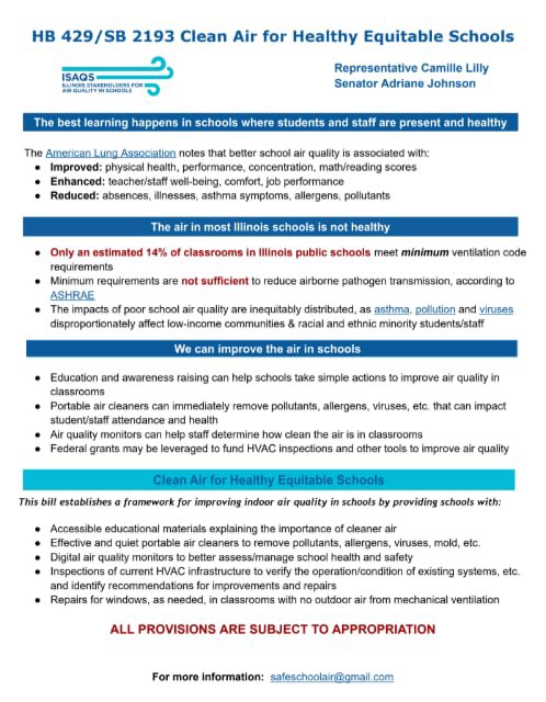 IllinoisAir's tweet image. ‼️📣 ACTION ITEM! 📣 ‼️ 
From IL? Our Clean Air for Healthy Equitable Schools bill (SB2193) will have a subject matter hearing in the Senate Appropriations-Education Committee TOMORROW (5/13). Pls complete a witness slip as a PROPONENT. Also, repost this!

my.ilga.gov/WitnessSlip/Cr…