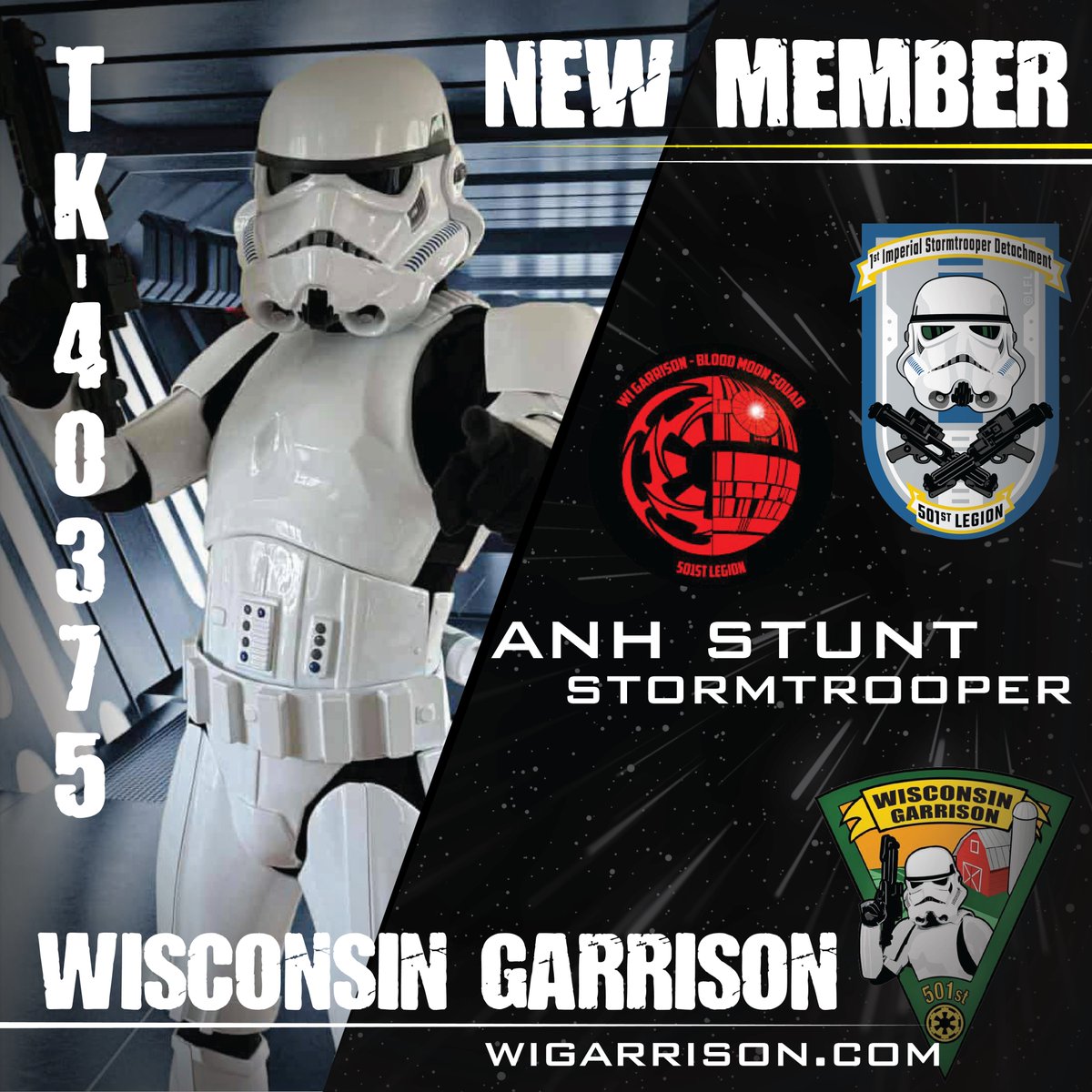 🚨Trooper Incoming🚨 Please join us in welcoming our newest Garrison member, TK-40375!

They march into the ranks of the First Imperial Stormtrooper Detachment with their ANH Stunt Stormtrooper armor.

Welcome to the Dark Side, trooper!