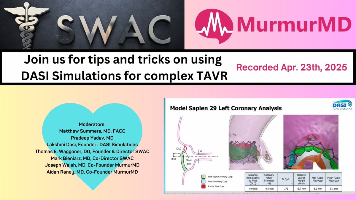 Murmur MD (@murmur_md) on Twitter photo Full recording of last month's SWAC where Drs. Thomas Waggoner, Mark Bieniarz, Matthew Summers, Pradeep Yadav, Aidan Raney, and <a href="/Dasisimulations/">DASI Simulations LLC</a> Founder- Lakshmi Dasi do an in-depth look at interesting cases where DASI Simulations helped guide their treatment path. #CardioX Full recording of last month's SWAC where Drs. Thomas Waggoner, Mark Bieniarz, Matthew Summers, Pradeep Yadav, Aidan Raney, and <a href="/Dasisimulations/">DASI Simulations LLC</a> Founder- Lakshmi Dasi do an in-depth look at interesting cases where DASI Simulations helped guide their treatment path. #CardioX