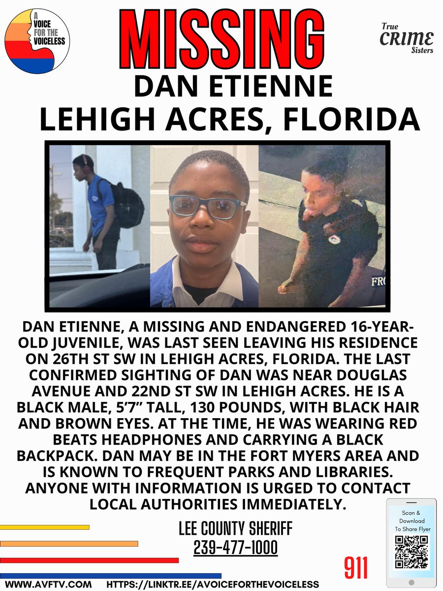 MISSING ENDANGERED JUVENILE – PLEASE SHARE🚨
Help bring 16-year-old Dan Etienne home safely.

The Lee County Sheriff’s Office is asking for the public’s help in locating Dan Etienne, a missing and endangered juvenile last seen leaving his residence on 26th St SW in Lehigh Acres,