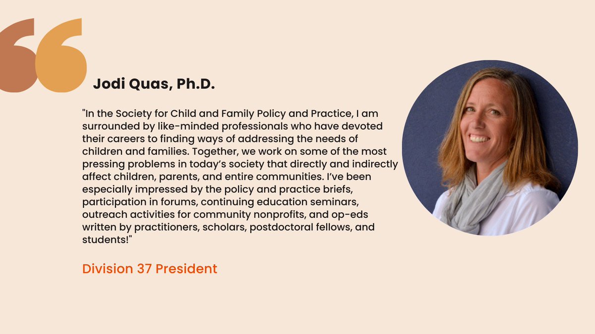 Division37ofAPA's tweet image. 🌟 Meet Dr. Jodi Quas, President of Division 37: Society for Child and Family Policy and Practice!
#APADiv37 #PsychologyLeadership #ChildAndFamilyPolicy #AdvancingPractice #CommunityImpact #EvidenceToAction
