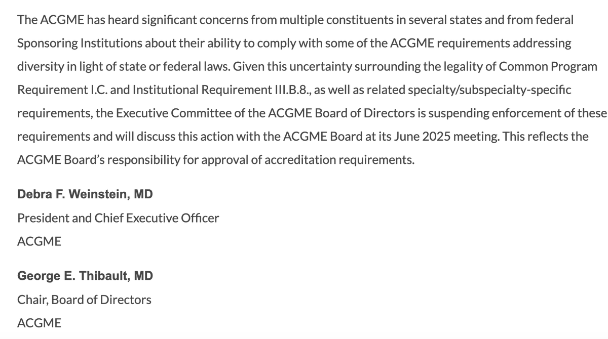 Inside_TheMatch's tweet photo. The @ACGME-Accreditation Council for Graduate Medical Education, suspends the enforcement of diversity requirements for residency programs in the U.S.:  https://t.co/830irAFyfa

#InsideTheMatch #MedEd #MedX https://t.co/nsSUM6K6zx